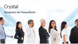  Presentation with waiting line - Cool new slide deck with group of asian people lined backdrop and a white colored foreground