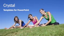  Presentation with group fitness - Audience pleasing presentation theme consisting of group of beautiful young women stretching before fitness and yoga backdrop and a teal colored foreground