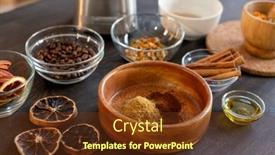  Presentation with dry fruits - PPT theme having group-of-bowls-with-coffee background and a tawny brown colored foreground