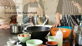  Presentation with kitchen - PPT theme featuring group-of-bowls-with-ingredients background and a coral colored foreground