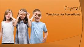  Presentation with happy kids - Cool new PPT layouts with group of boy and girls kids over orange background with happy face smiling doing ok sign with hand on eye looking through fingers backdrop and a gold colored foreground