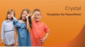  Presentation with happy kids - Audience pleasing presentation consisting of group of boy and girls kids over orange background with happy face smiling doing ok sign with hand on eye looking through fingers backdrop and a gold colored foreground