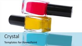  Presentation with nail - Cool new theme with group of bright nail polishes isolated on white backdrop and a light blue colored foreground