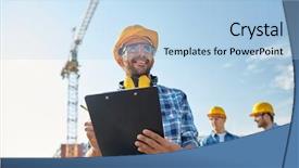  Presentation with paperwork - Amazing presentation having group of builders at construction backdrop and a light blue colored foreground