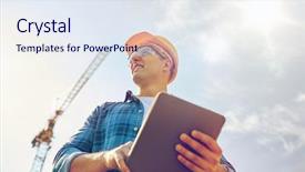  Presentation with building construction - PPT theme having group of builders at construction background and a sky blue colored foreground