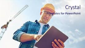  Presentation with building construction - PPT layouts featuring group of builders at construction background and a sky blue colored foreground