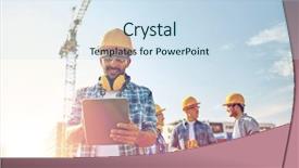  Presentation with building construction - Audience pleasing PPT theme consisting of group of builders at construction backdrop and a sky blue colored foreground
