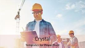  Presentation with building construction - Slides consisting of group of builders at construction background and a coral colored foreground