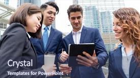  Presentation with tablet - Audience pleasing slide deck consisting of group of buisness people working backdrop and a tawny brown colored foreground