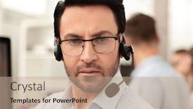  Presentation with computers - Amazing PPT theme having headsets using computers at office backdrop and a coral colored foreground