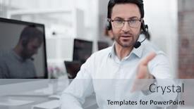  Presentation with computers - Presentation theme consisting of group of business colleagues with headsets using computers at office desk background and a lemonade colored foreground