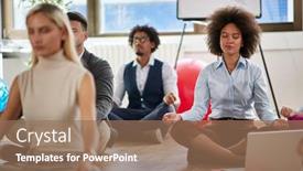  Presentation with coworkers - Slide deck having group-of-business-coworkers-meditating background and a coral colored foreground