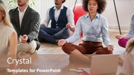  Presentation with business casual - Audience pleasing PPT theme consisting of group-of-business-coworkers-meditating backdrop and a coral colored foreground