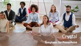  Presentation with coworkers - Amazing PPT layouts having group-of-business-coworkers-meditating backdrop and a violet colored foreground