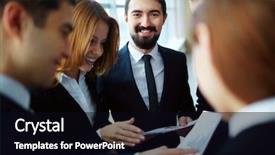  Presentation with focus group - Slide set consisting of group of business partners discussing papers and explaining ideas at meeting with focus on happy man looking at camera background and a black colored foreground