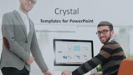  Presentation with planning - Colorful PPT theme enhanced with group-of-business-partners-discussing backdrop and a light gray colored foreground