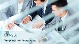  Presentation with business group meeting - Audience pleasing PPT theme consisting of group of business partners working at meeting in office backdrop and a sky blue colored foreground