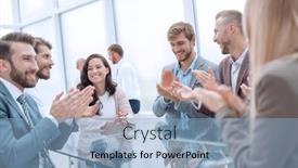  Presentation with negotiating - Cool new slides with group-of-business-people-applauding backdrop and a light blue colored foreground