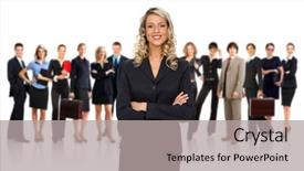  Presentation with team group - Audience pleasing theme consisting of group of business people business team isolated over white background backdrop and a light gray colored foreground