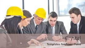  Presentation with business group meeting - Presentation enhanced with group-of-business-people-discussing background and a coral colored foreground