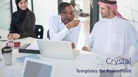  Presentation with business group meeting - Amazing slide set having saudi arabia - group of business people discussing backdrop and a lemonade colored foreground