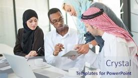  Presentation with business group meeting - Slides having arabia - group of business people discussing background and a lemonade colored foreground