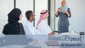  Presentation with business group meeting - Slide deck featuring saudi arabia - group of business people discussing background and a light blue colored foreground