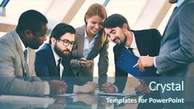  Presentation with data meeting - Cool new presentation design with group of business people discussing data or explaining ideas at meeting backdrop and a ocean colored foreground