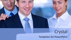  Presentation with business group meeting - PPT layouts enhanced with group of business people doing presentation with laptop during meeting background and a light blue colored foreground