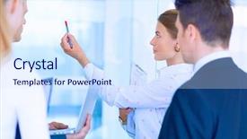  Presentation with business group meeting - Audience pleasing slides consisting of group of business people doing presentation with laptop during meeting backdrop and a sky blue colored foreground