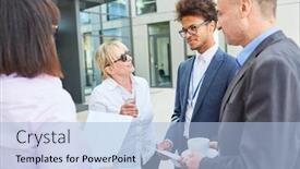  Presentation with coffee talk - Slides with group-of-business-people-having background and a light blue colored foreground