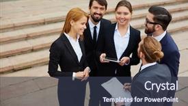  Presentation with business group meeting - Slide deck having group of business people having meeting outside man and woman looking at camera background and a tawny brown colored foreground