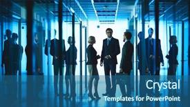  Presentation with business group meeting - Beautiful PPT theme featuring group of business people having meeting in corridor of business center backdrop and a ocean colored foreground