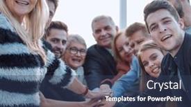  Presentation with joint venture hand together - Slide deck featuring group-of-business-people-joining background and a ocean colored foreground