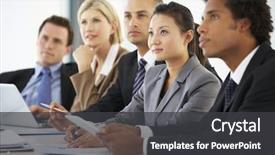  Presentation with business group meeting - Presentation design consisting of group of business people listening background and a dark gray colored foreground