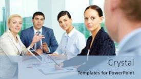  Presentation with consulting - Beautiful slides featuring group of business people looking at their employer while consulting in office backdrop and a light blue colored foreground