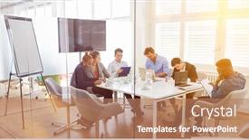  Presentation with team meeting - Colorful slide set enhanced with group-of-business-people-make backdrop and a coral colored foreground