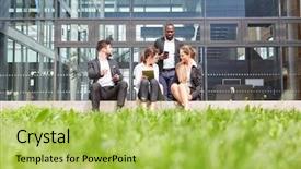  Presentation with front office - Amazing slide deck having group of business people pauses backdrop and a yellow colored foreground