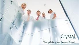  Presentation with railing - Theme featuring group of business people posing behind a glass railing background and a sky blue colored foreground
