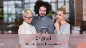  Presentation with business group meeting - Audience pleasing PPT theme consisting of group of business people preparing for next meeting and discussing ideas using digital tablet backdrop and a coral colored foreground