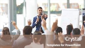 Presentation with diverse business people - Beautiful PPT layouts featuring group of business people raising backdrop and a coral colored foreground