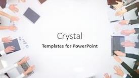  Presentation with round table - Amazing theme having group of business people sitting at the round table and putting his palms on the table backdrop and a white colored foreground