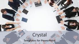  Presentation with round table - PPT theme enhanced with group of business people sitting background and a  colored foreground