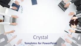  Presentation with round table - Colorful PPT theme enhanced with group of business people sitting at the round table and putting his palms on the table backdrop and a sky blue colored foreground