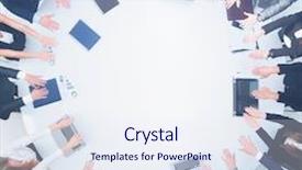  Presentation with round table - PPT layouts consisting of group of business people sitting background and a sky blue colored foreground