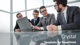  Presentation with business office desk - Presentation design consisting of group-of-business-people-sitting background and a gray colored foreground
