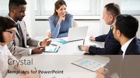  Presentation with business office desk - Cool new slide deck with group-of-business-people-sitting backdrop and a coral colored foreground