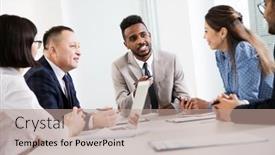  Presentation with business office desk - Cool new slide deck with group-of-business-people-sitting backdrop and a coral colored foreground