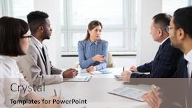  Presentation with business office desk - PPT theme enhanced with group-of-business-people-sitting background and a coral colored foreground