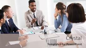  Presentation with business office desk - Amazing slide set having group-of-business-people-sitting backdrop and a soft green colored foreground